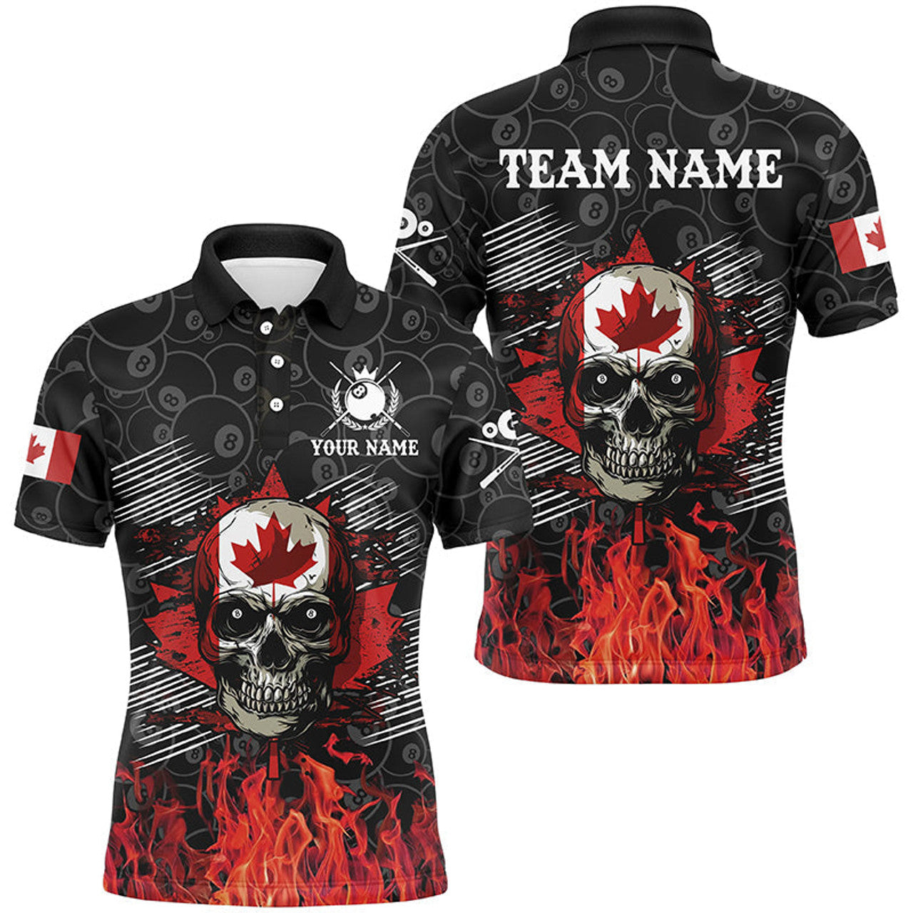 Custom Billiard Retro Skull Canadian Flag Patriotic Customized Name, Team Name 3D Polo Shirt