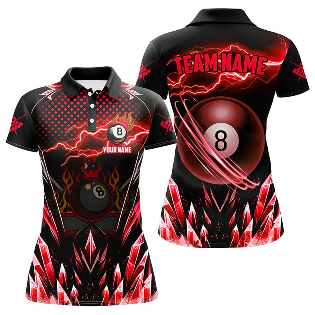 Custom Personalized Red Icy Lightning 8 Ball Pool Women Polo Shirts Custom Billiard Team League Jersey