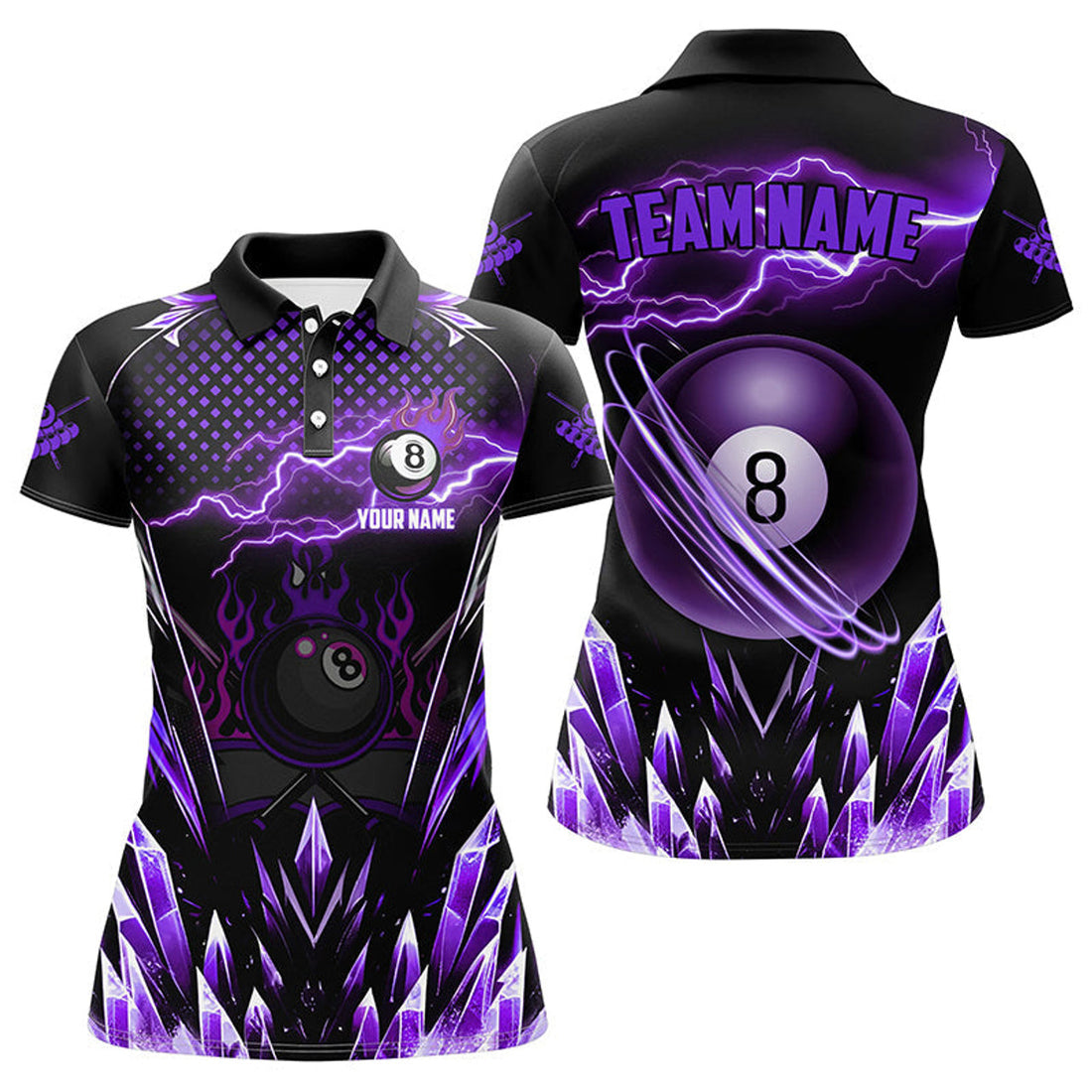 Custom Personalized Purple Icy Lightning 8 Ball Pool Women Polo Shirts Custom Billiard Team League Jersey