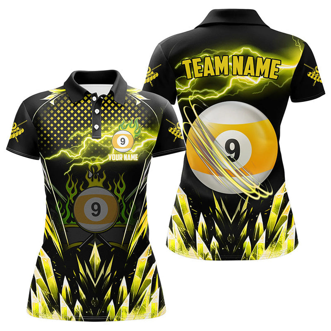 Custom Personalized Yellow Icy Lightning 9 Ball Pool Women Polo Shirts Custom Billiard Team League Jersey