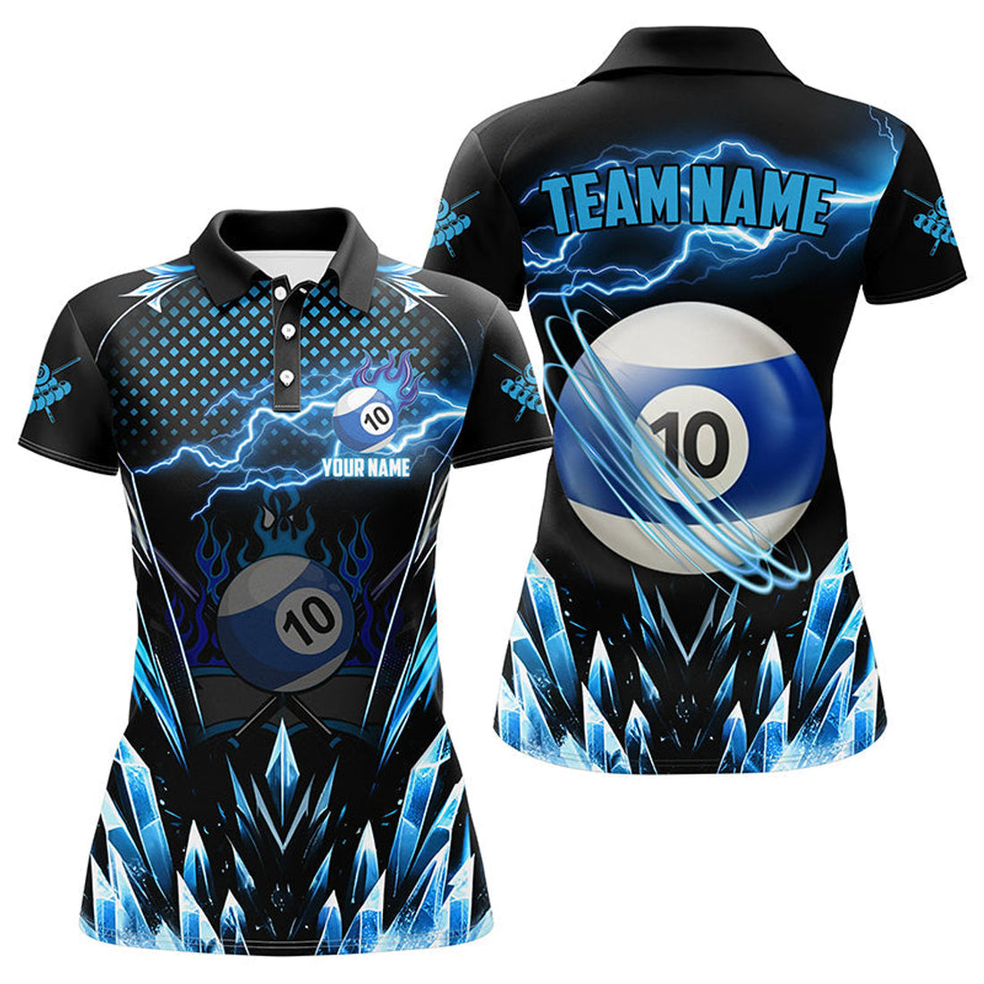 Custom Personalized Blue Icy Lightning 10 Ball Pool Women Polo Shirts Custom Billiard Team League Jersey
