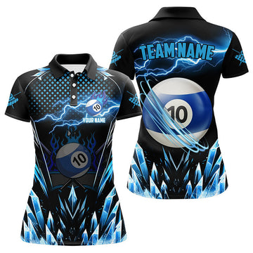 Custom Personalized Blue Icy Lightning 10 Ball Pool Women Polo Shirts Custom Billiard Team League Jersey
