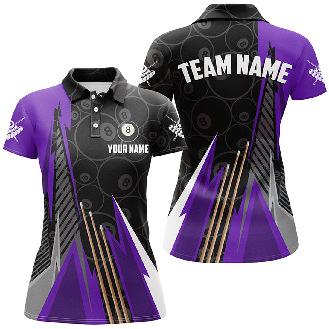 Custom Personalized Black Purple Billiard Pattern Women Polo & Shirts, Billiard Team Jersey Uniform