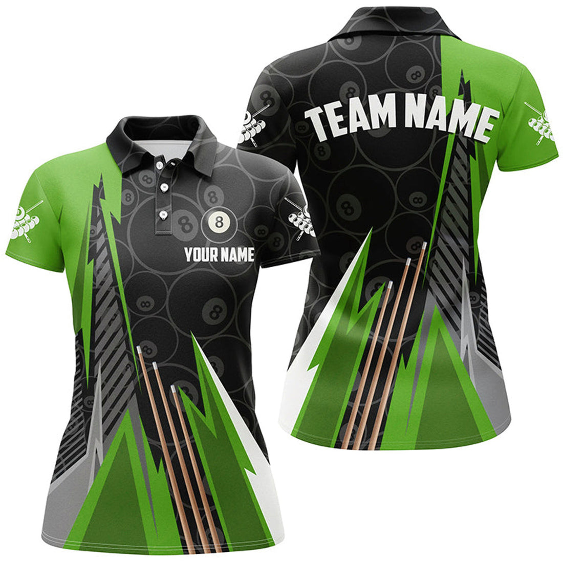Custom Personalized Black Green Billiard Pattern Women Polo & Shirts, Billiard Team Jersey Uniform