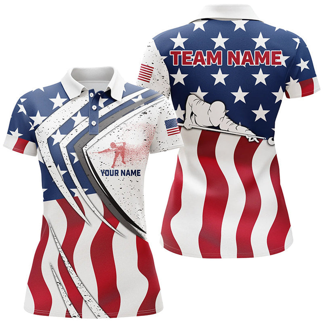 Custom American Flag Billiard Player Custom Name 3D Polo Shirts For Women, Patriotic Gifts For Pool Lover