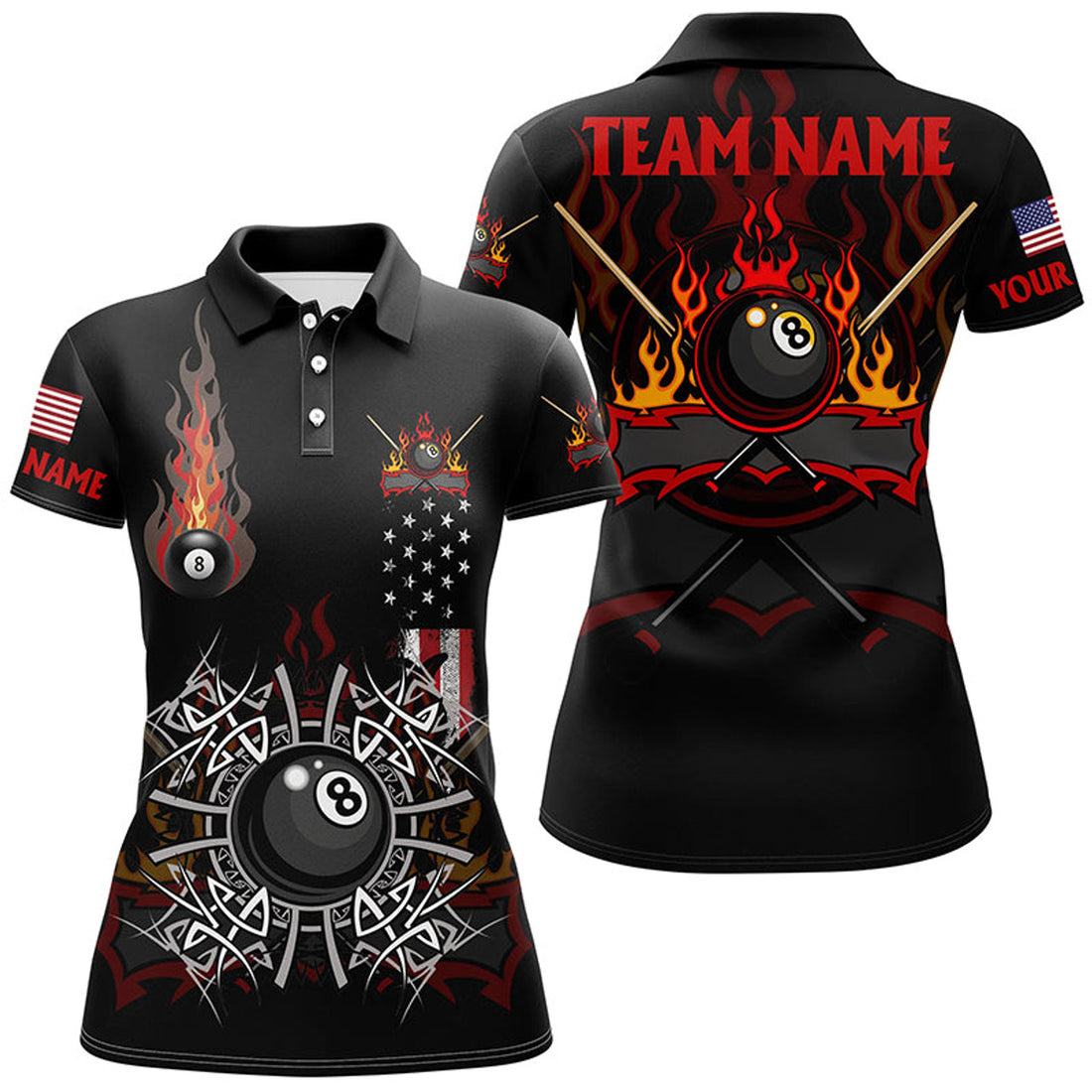 Custom Personalized Billiard Fire American Flag Polo Shirts For Women, Unique Pool Player Shirts For Team
