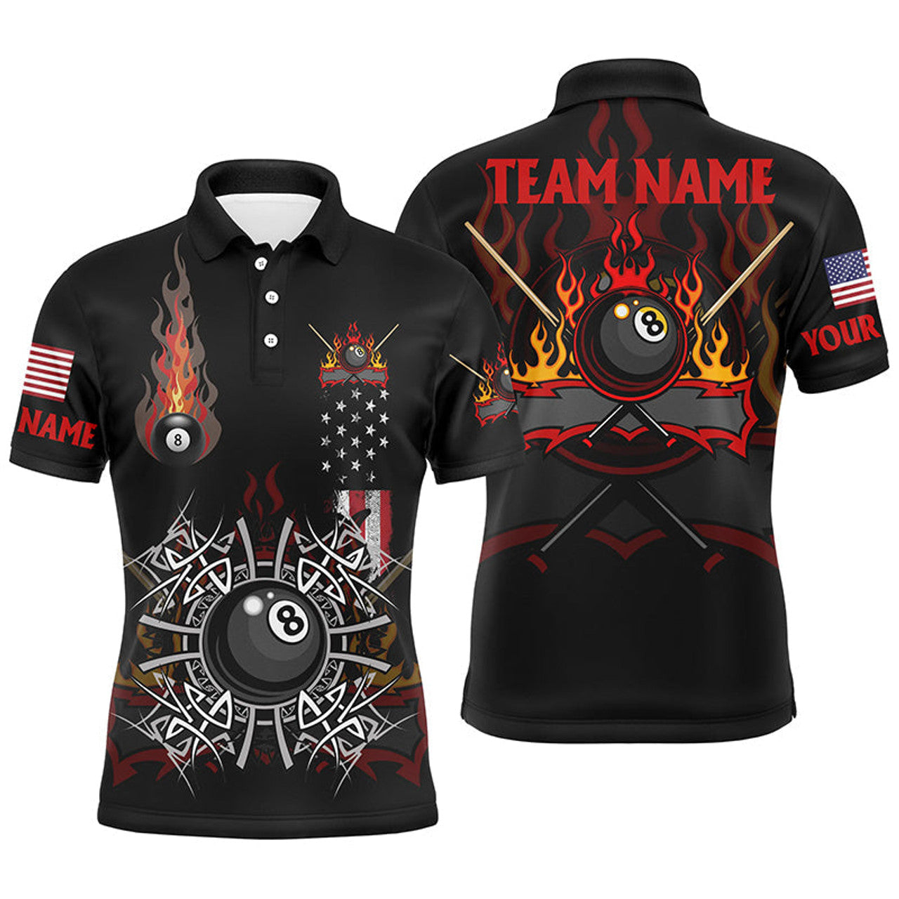 Personalized Billiard Fire American Flag Polo Shirts For Men, Unique Pool Player Shirts For Team