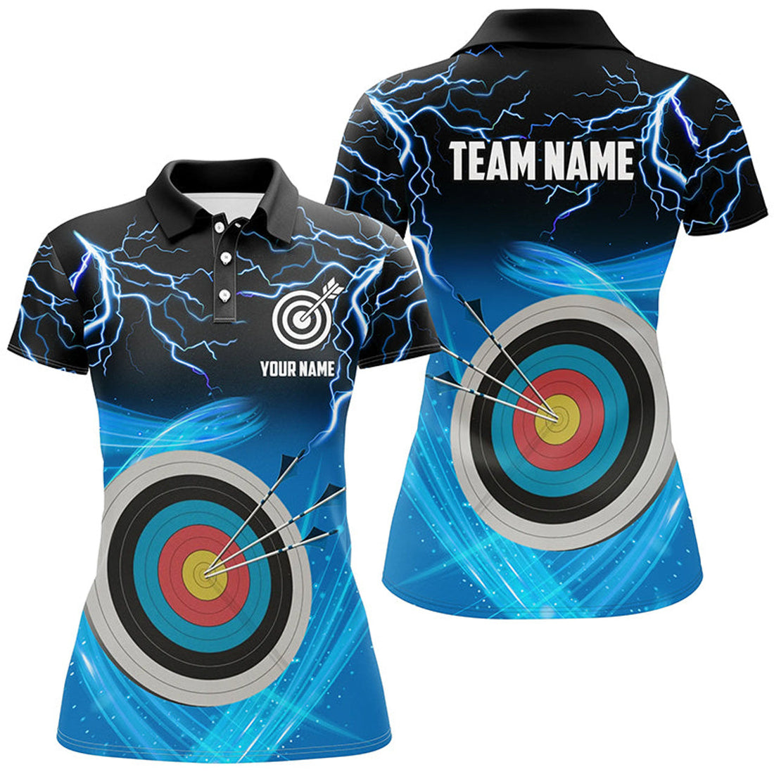Custom Archery 3d Target Thunder Lightning Polo Shirts For Women, Best Archery Team Shirts |Blue