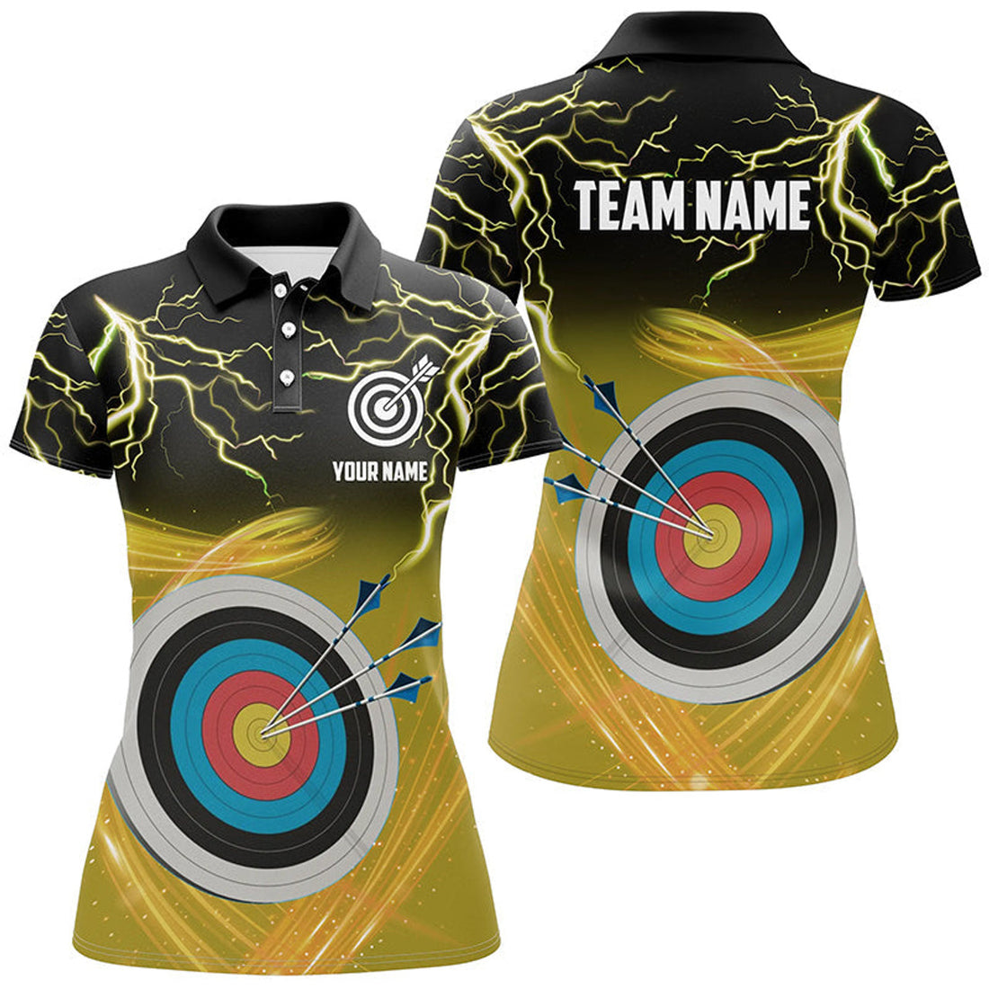 Custom Archery 3d Target Thunder Lightning Polo Shirts For Women, Best Archery Team Shirts |Yellow