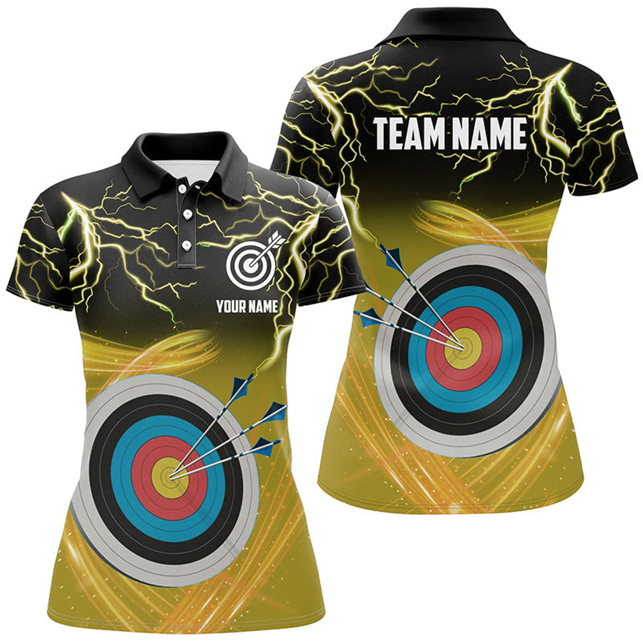 Custom Archery 3d Target Thunder Lightning Polo Shirts For Women, Best Archery Team Shirts |Yellow