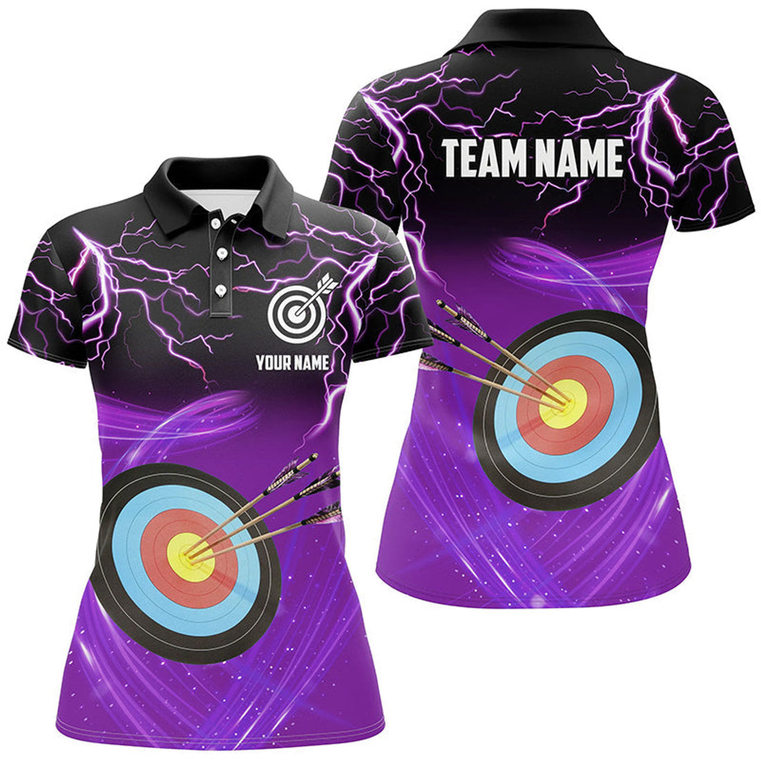 Custom Archery 3d Target Thunder Lightning Polo Shirts For Women, Best Archery Team Shirts |Purple