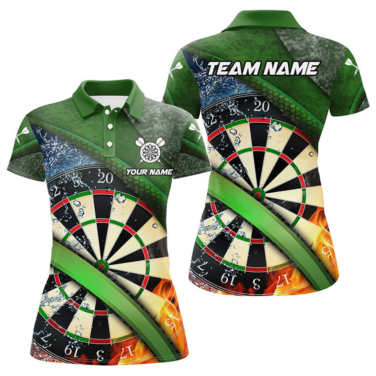 Custom Personalized Green 3D Dartboard Fire And Water Women Darts Polo Shirts Custom Darts Team Jerseys