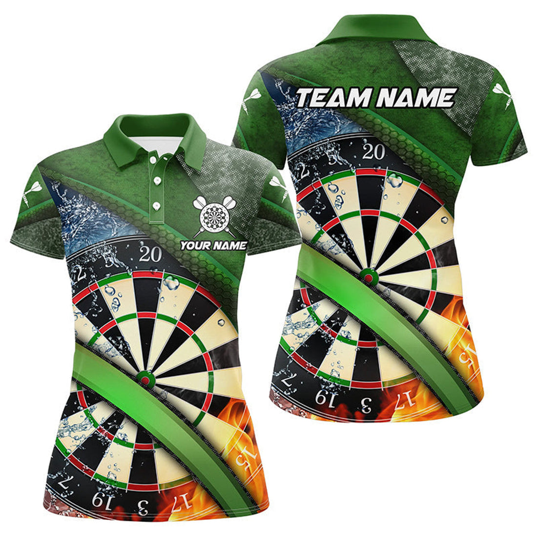 Custom Personalized Green 3D Dartboard Fire And Water Women Darts Polo Shirts Custom Darts Team Jerseys