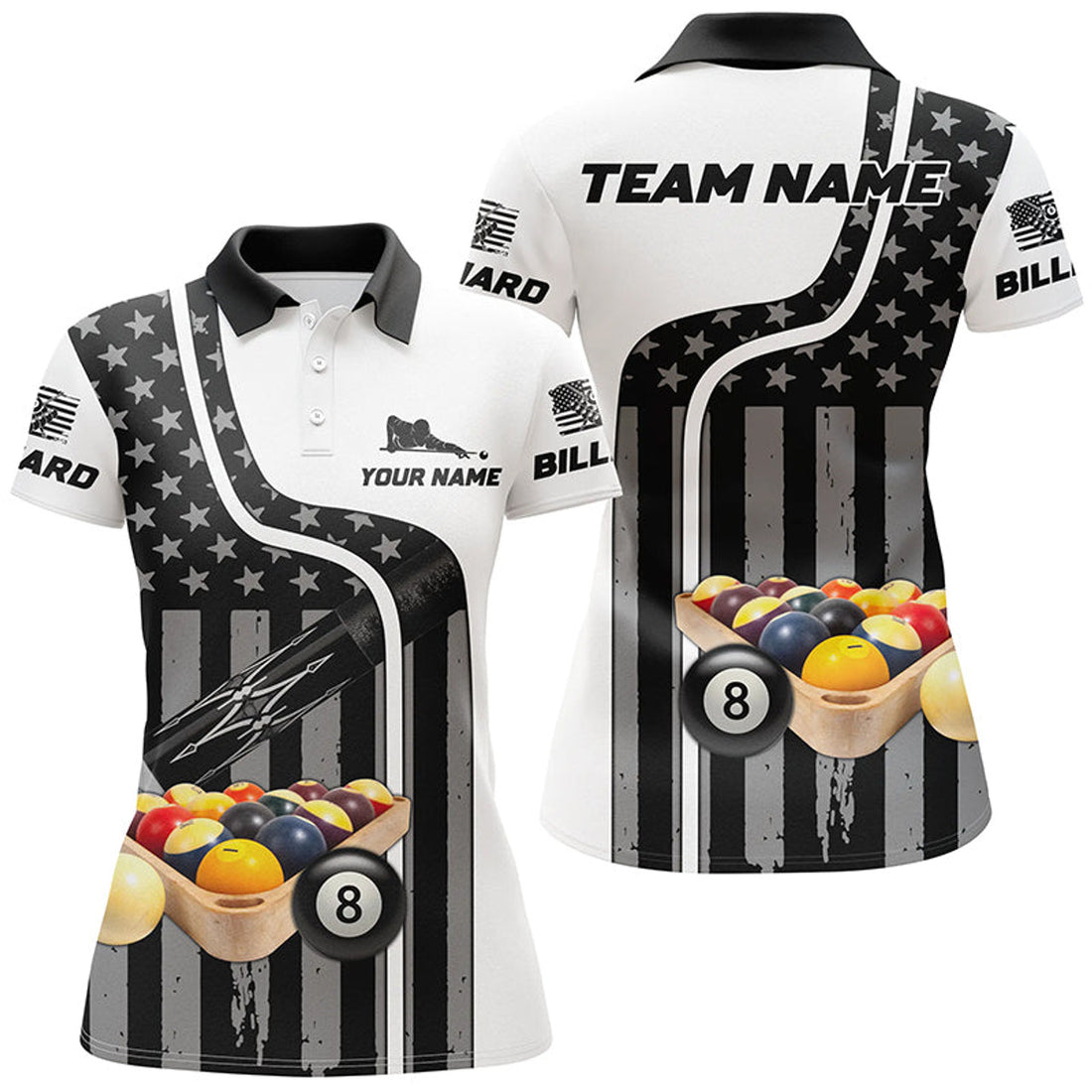 Custom Billiard Balls American Flag Custom Name 3D Billiard Polo Shirts For Women, Best Billiards Gift Idea
