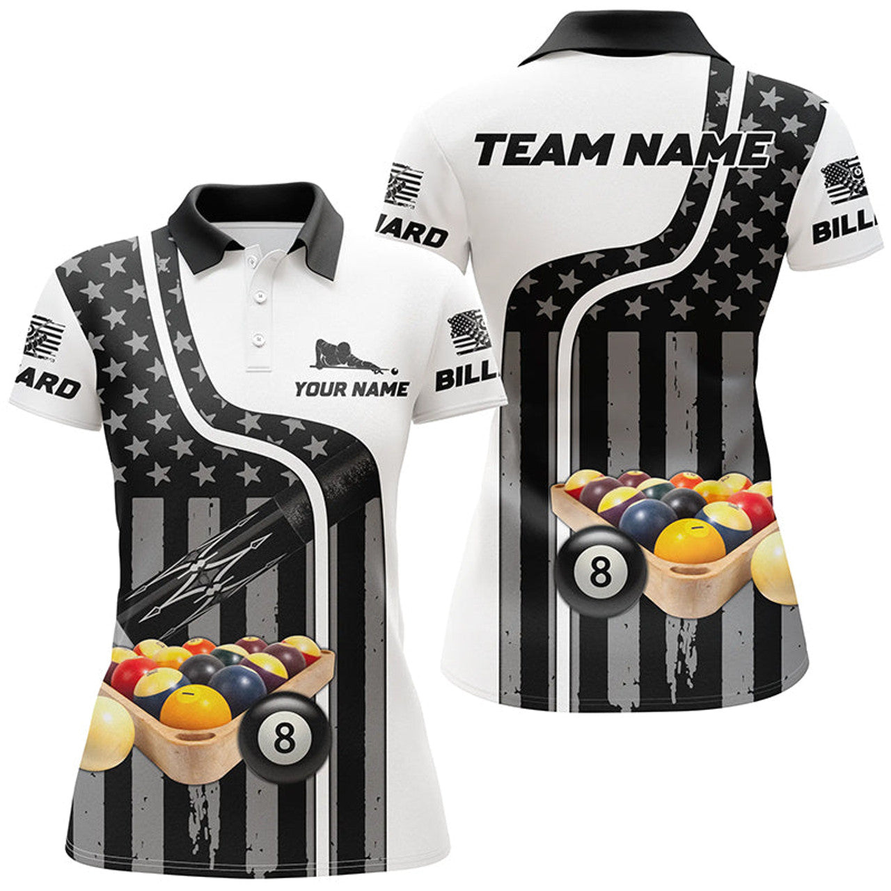 Custom Billiard Balls American Flag Custom Name 3D Billiard Polo Shirts For Women, Best Billiards Gift Idea