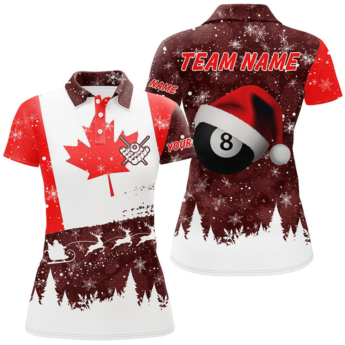 Custom Funny Christmas Canadian Flag Custom Billiard Women Polo Shirts, Canada Flag Pool Shirts For Patriot