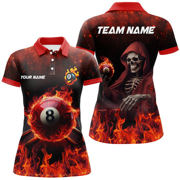 Custom Personalized Red Billiard Balls Fire 3D Printed Women Polo Shirts Custom 8 Ball Pool Polo Shirts