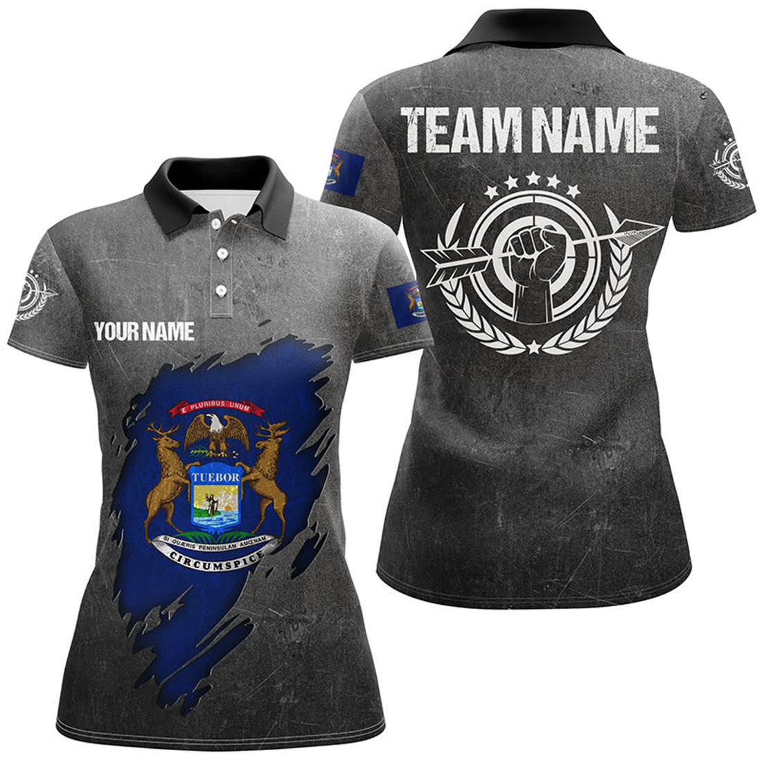 Custom Grunge Michigan Archery Women Polo Shirts, Custom Team Name Patriotic Michigan Flag Archery Jerseys