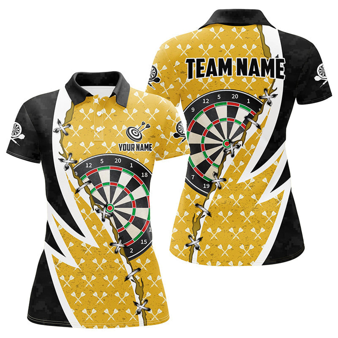 Custom Personalized Darts Board Black Yellow Darts Polo Shirts For Women Custom Darts Team Jerseys Attire
