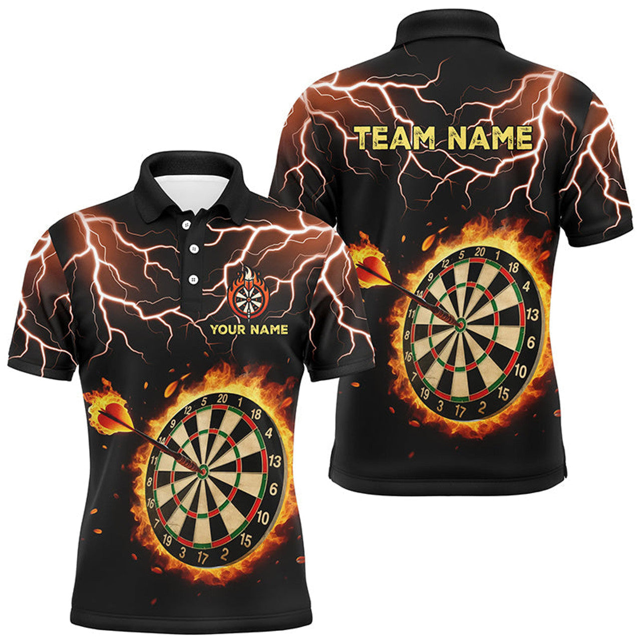 FUNSTUFFPRINT Personalized Fire Darts Board Thunder Lightning Custom Men Dart Polo Shirt Size S-5XL