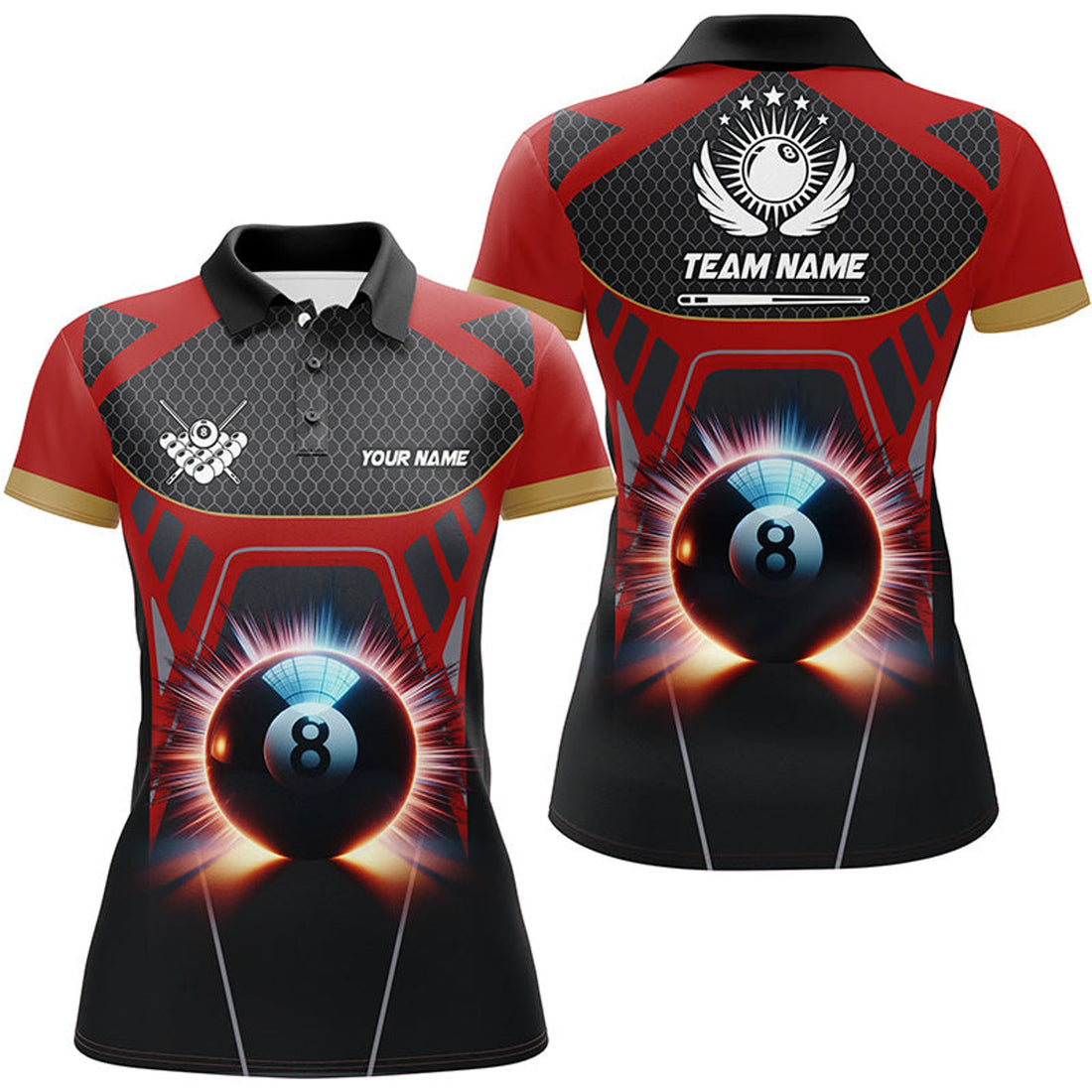 Custom Personalized Glowing 8 Ball Pool Billiard Women Polo Shirts Custom 3D Billiards Sport Jerseys | Red