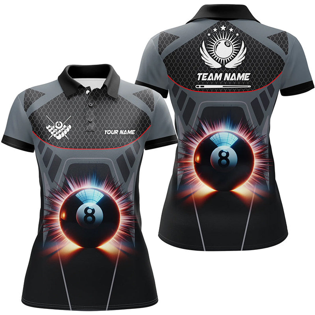 Custom Personalized Glowing 8 Ball Pool Billiard Women Polo Shirts Custom 3D Billiards Sport Jerseys | Grey