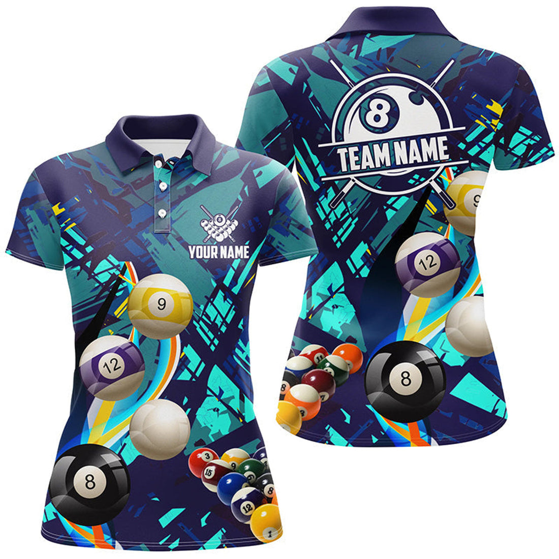 Custom Personalized Blue Billiard Balls Women Polo And s, Colorful Billiard Jerseys Shirts
