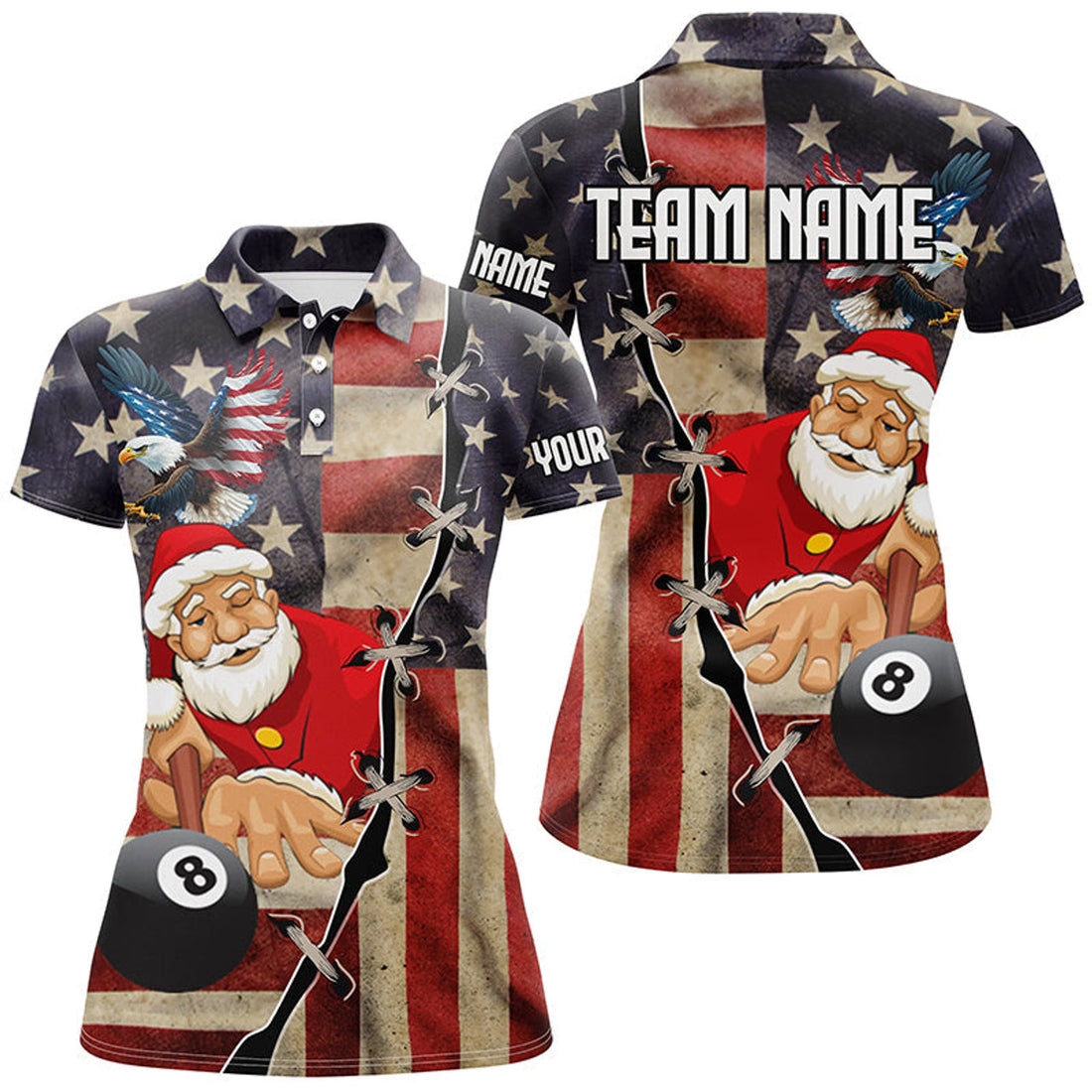 Custom Funny Christmas Santa And Billiard Custom Us Flag Women Polo Shirts, Patriotic Women Christmas Shirts