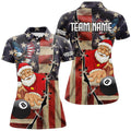 Custom Funny Christmas Santa And Billiard Custom Us Flag Women Polo Shirts, Patriotic Women Christmas Shirts