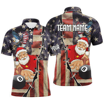 FUNSTUFFPRINT Funny Christmas Santa And Billiard Custom Us Flag Men Polo Shirts, Patriotic Women Christmas Polo Shirt Size S-5XL
