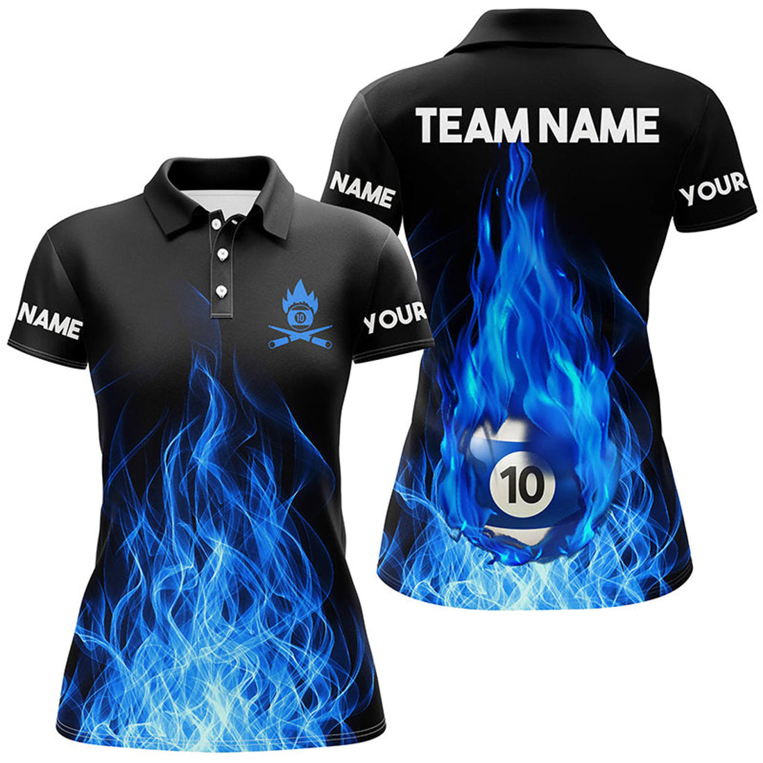 Custom Name Blue Flaming Billiard 3D Polo Shirts For Women Custom Billiard 10 Ball Pool For Team