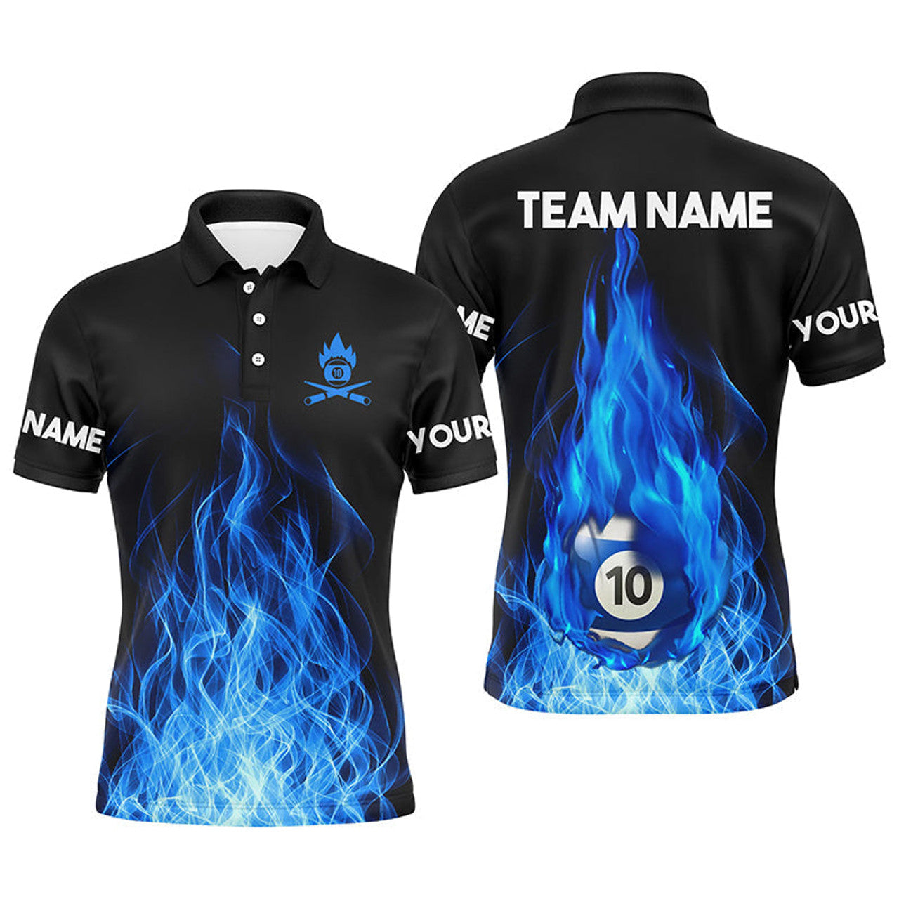 Custom Name Blue Flaming Billiard 3D Polo Shirts For Men Custom Billiard 10 Ball Pool For Team