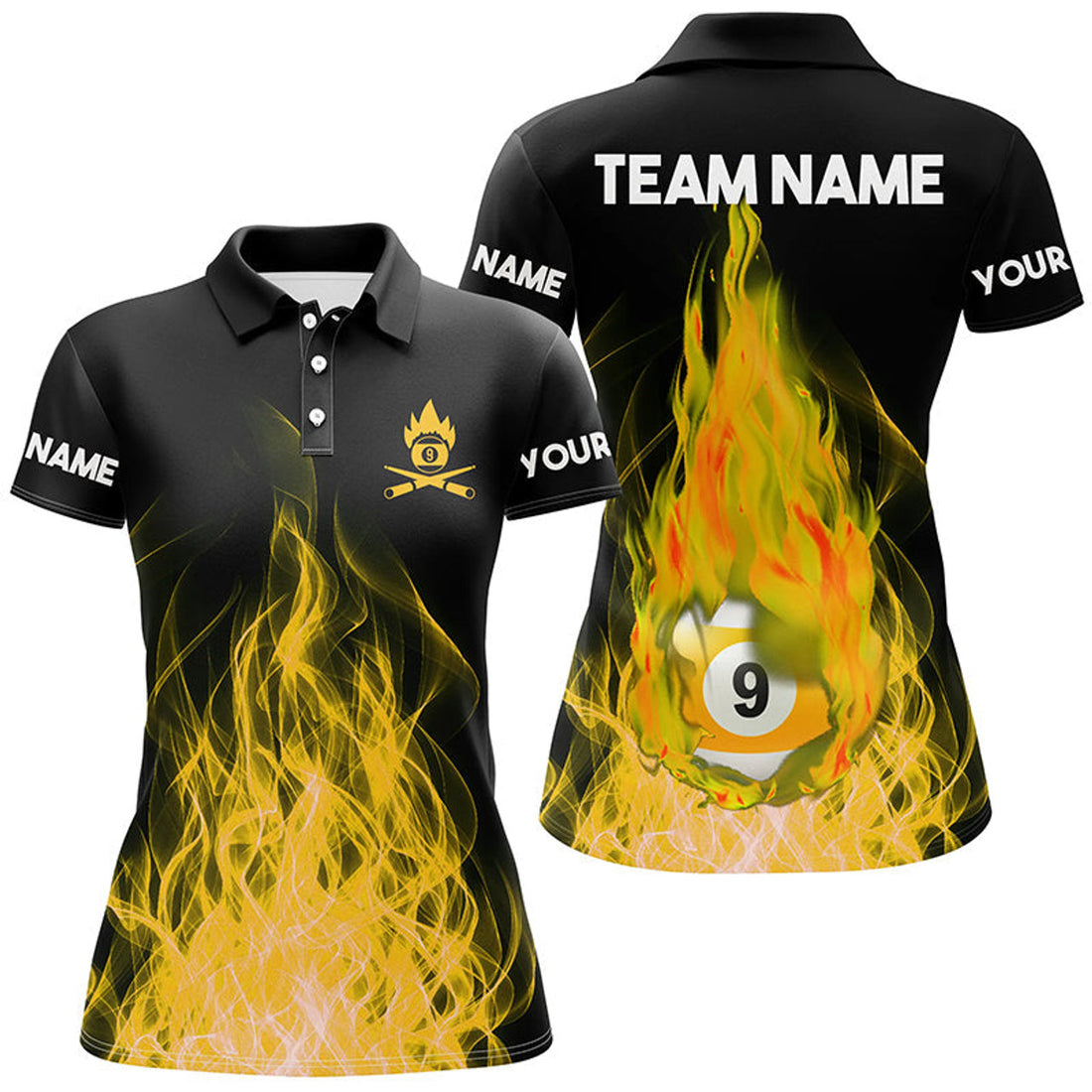 Custom Name Yellow Flaming Billiard 3D Polo Shirts For Women Custom Billiard 9 Ball Pool For Team