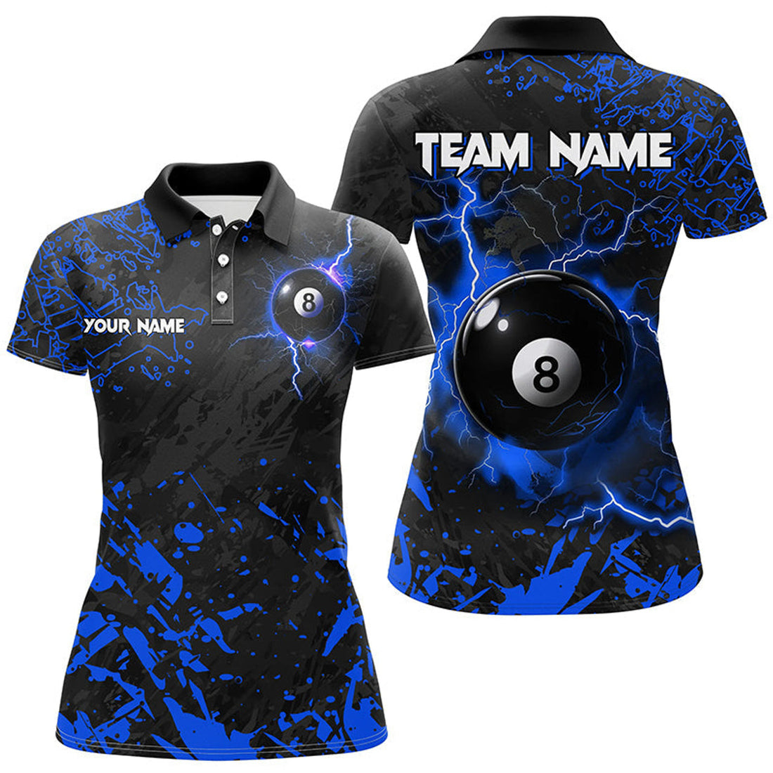 Custom Blue Grunge 8 Ball Pool Thunder Lightning Women Polo Shirts Custom Team League Billiard Jersey