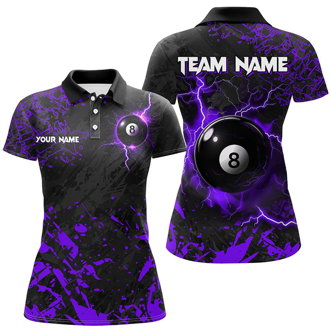 Custom Purple Grunge 8 Ball Pool Thunder Lightning Women Polo Shirts Custom Team League Billiard Jersey