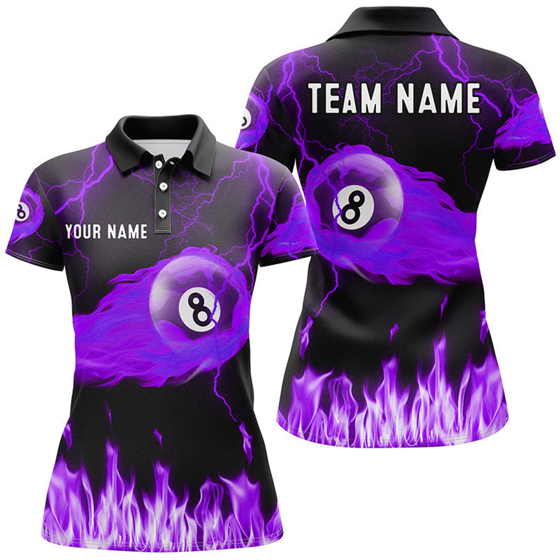Custom Personalized Purple 8 Ball Flame Thunder Lightning Billiard Shirts For Women, Pool Team League Shirts
