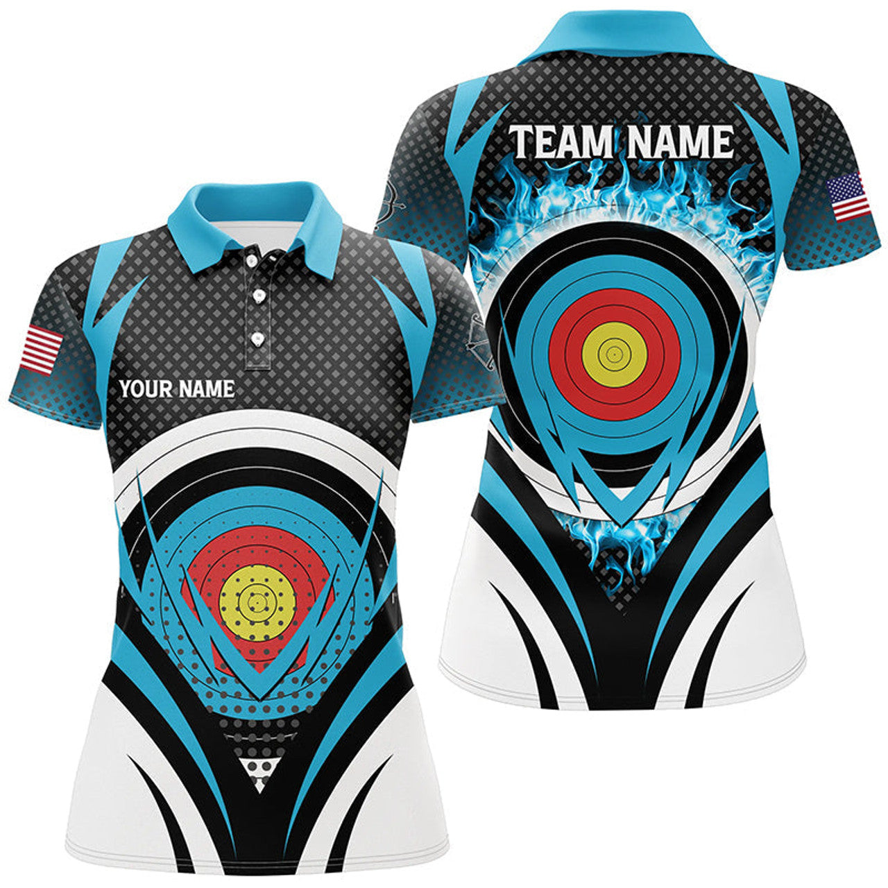 Custom Blue Flaming Archery Target Board Custom Polo Shirts For Women, Archery Jerseys Uniform Shirts