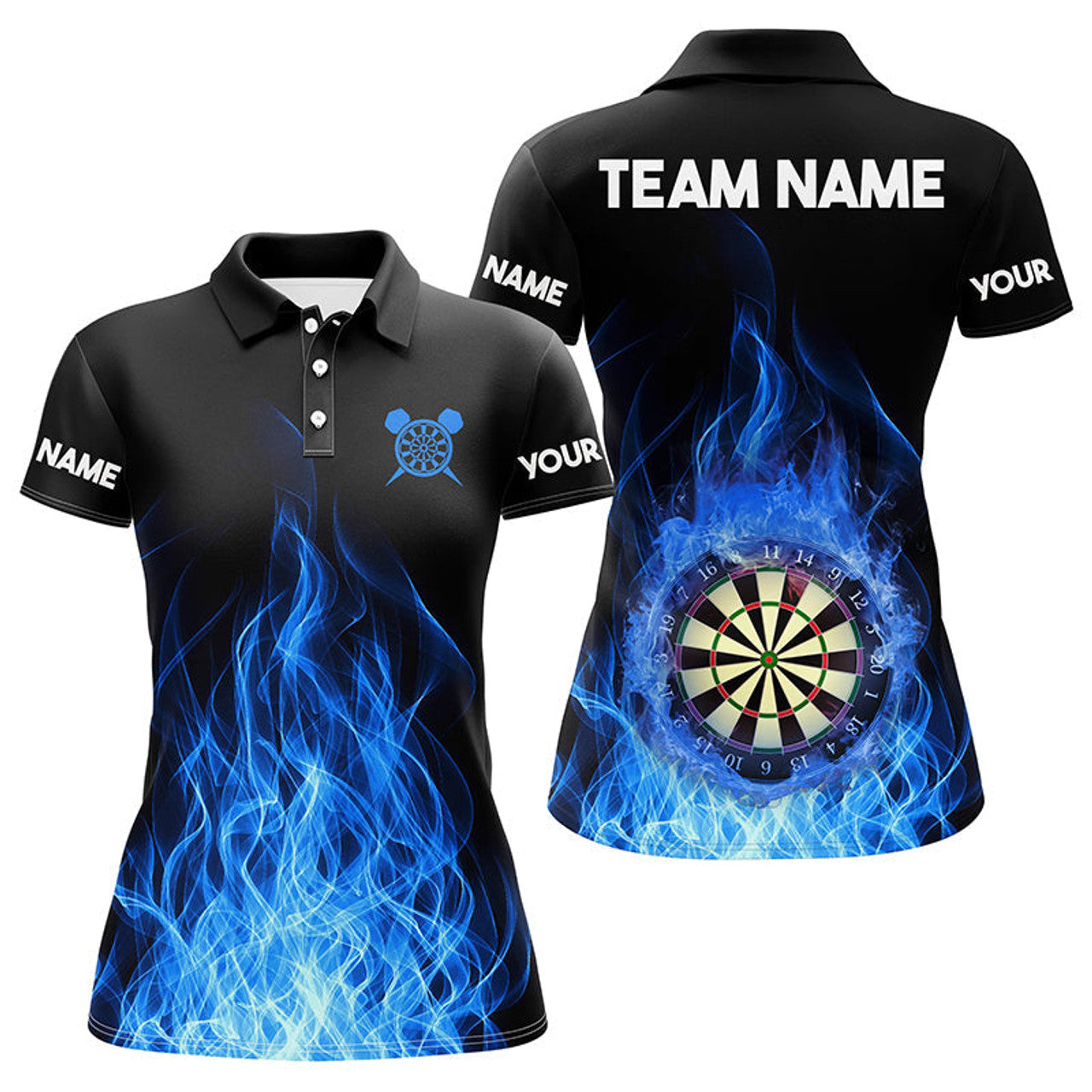 Custom Blue Fire Flame 3D Dartboard Women Darts Polo Shirts Custom Darts Shirts For Team Dart Jerseys