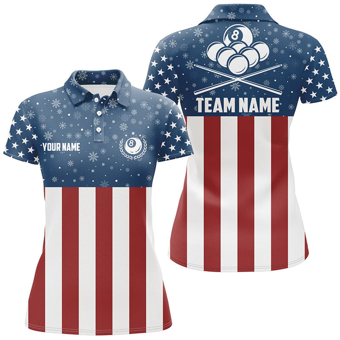 Custom Us Flag Christmas Snowflakes Pattern Custom Billiard Women Polo Shirts, Patriotic Christmas Shirts
