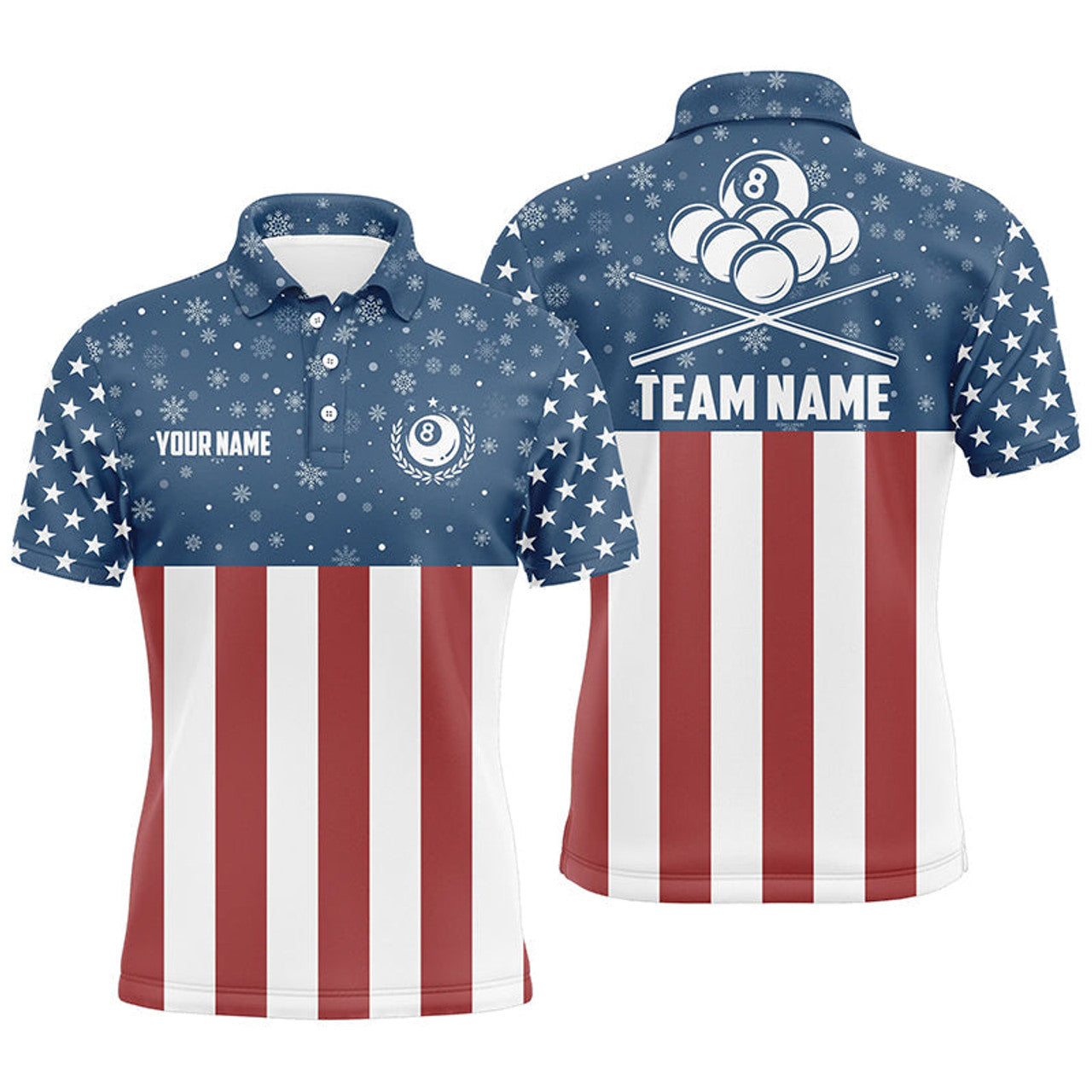 FUNSTUFFPRINT Us Flag Christmas Snowflakes Pattern Custom Billiard Men Polo Shirt Size S-5XL