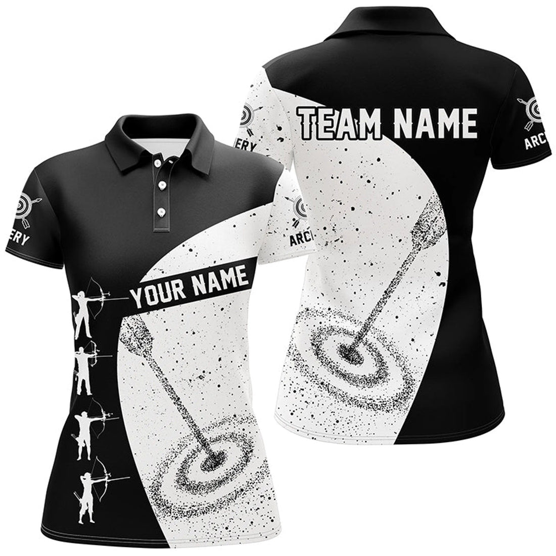 Custom Black White Archery Silhouettes Grunge Style Women Polo Shirts, Archery 3d Target Shirts Ideas