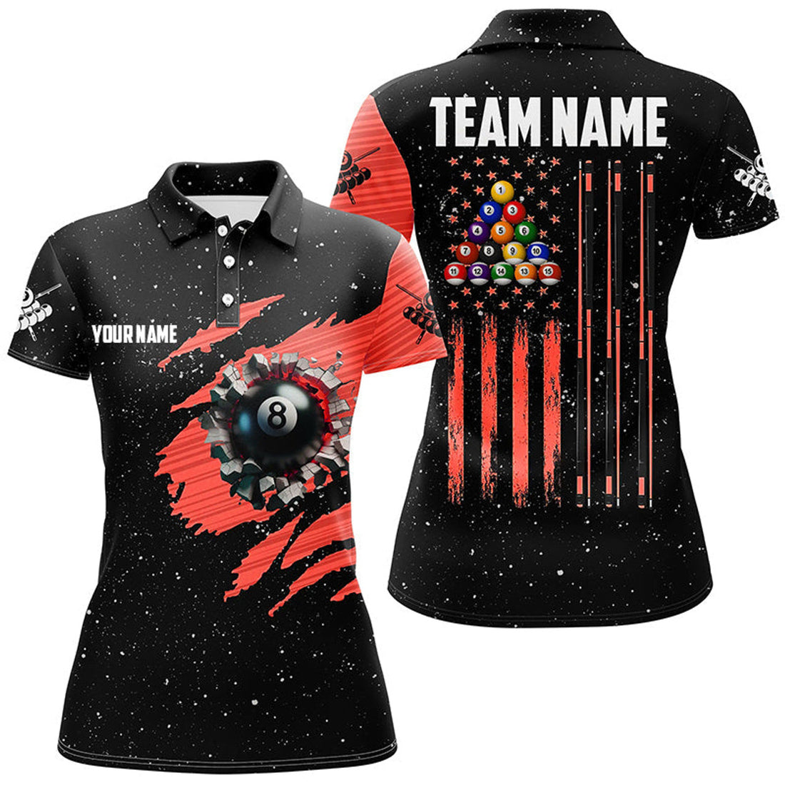 Customized Grunge American Flag 8 Ball Pool Women Billiard Polo Shirts, Pool Player Shirts |Red