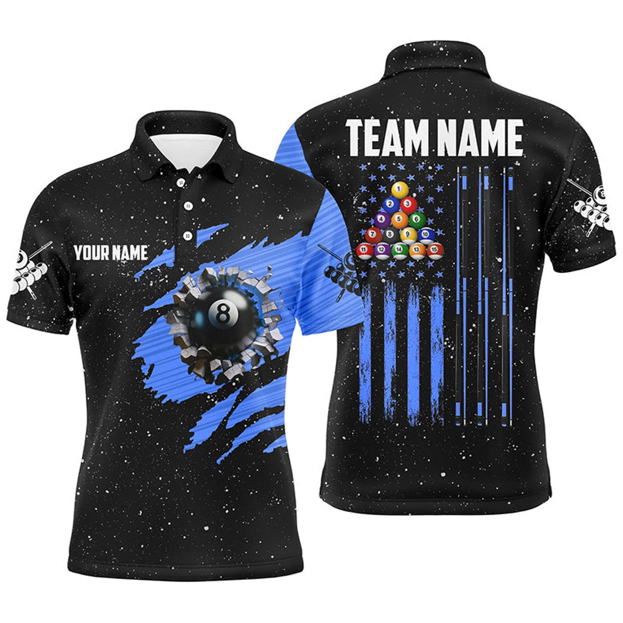 FUNSTUFFPRINT Customized Grunge American Flag 8 Ball Pool Men Billiard Polo Shirt Size S-5XL