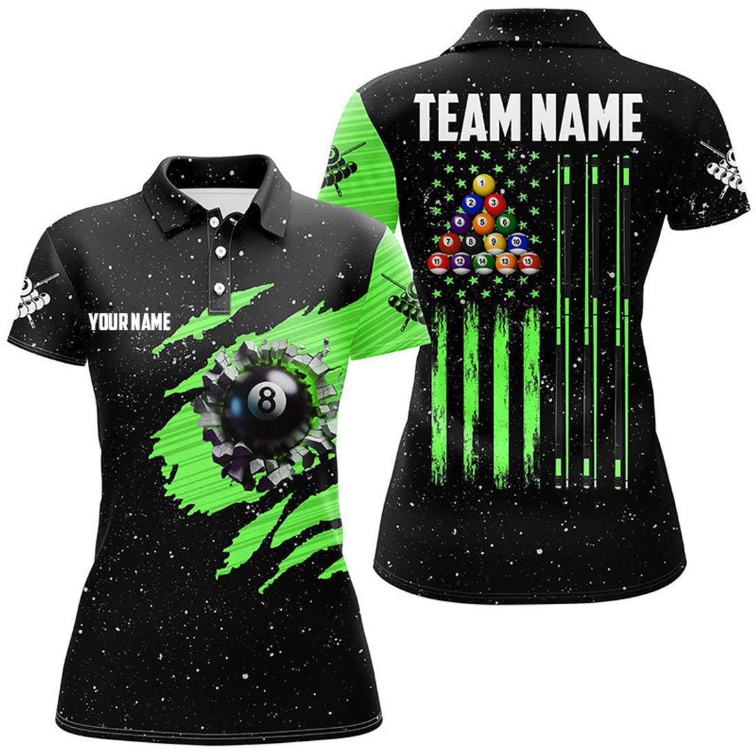 Customized Grunge American Flag 8 Ball Pool Women Billiard Polo Shirts, Pool Player Shirts |Green