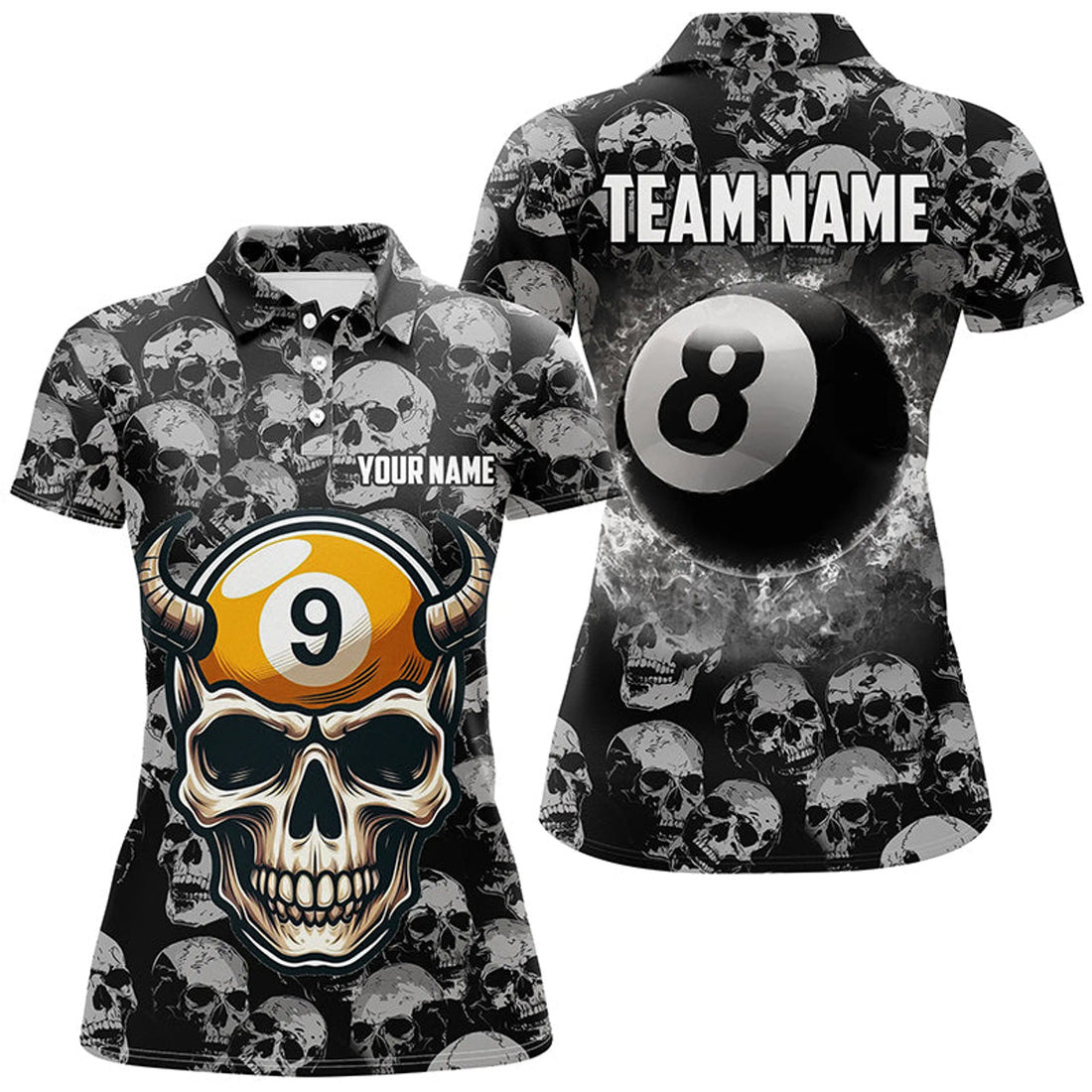Custom Personalized Billiard Jerseys 8 Ball & 9 Ball Custom Funny Skull Pattern Billiard Shirts For Women