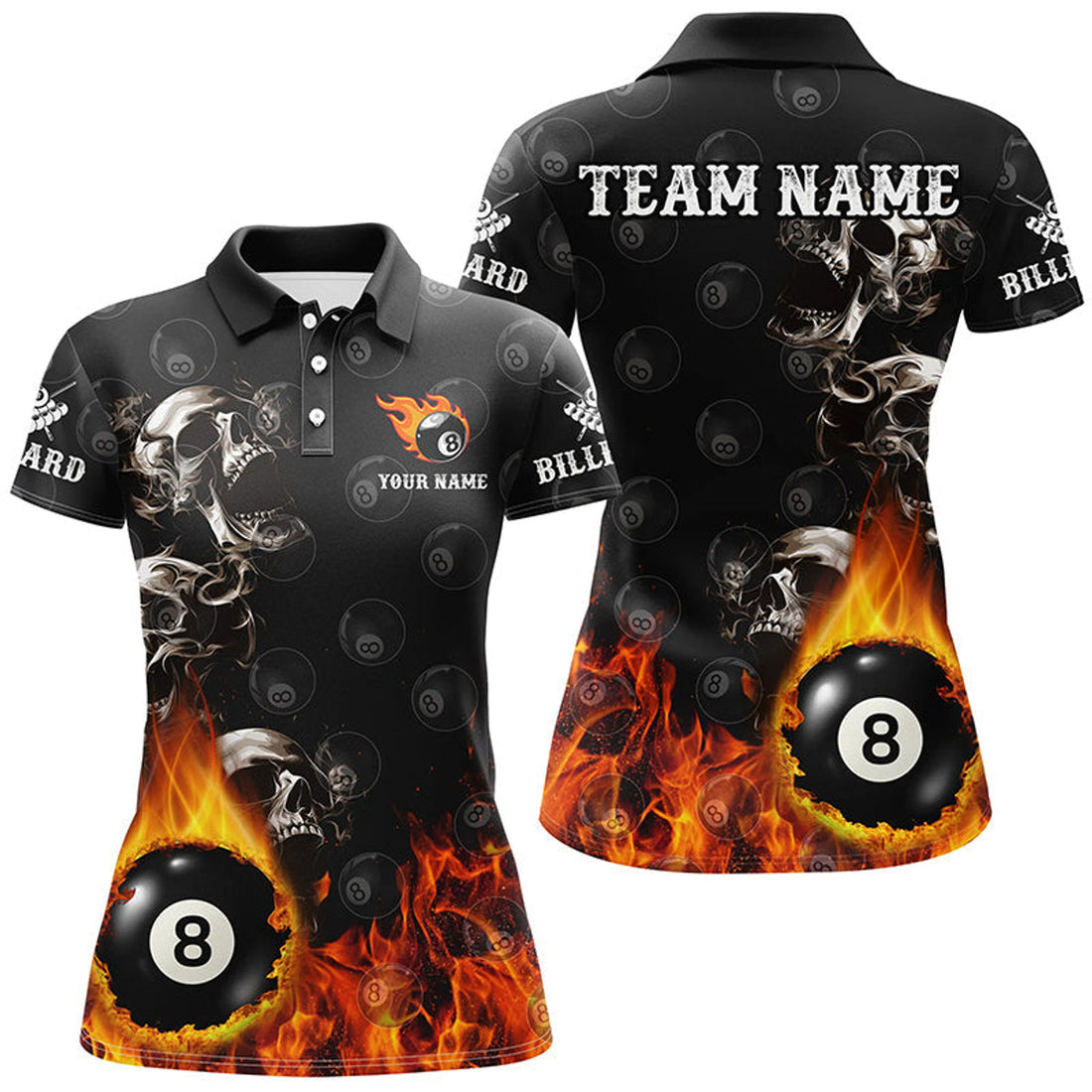 Custom Personalized 8 Ball Pool Skull On Fire Billiard Shirts For Women, Funny 3D Printed Billiard Jerseys