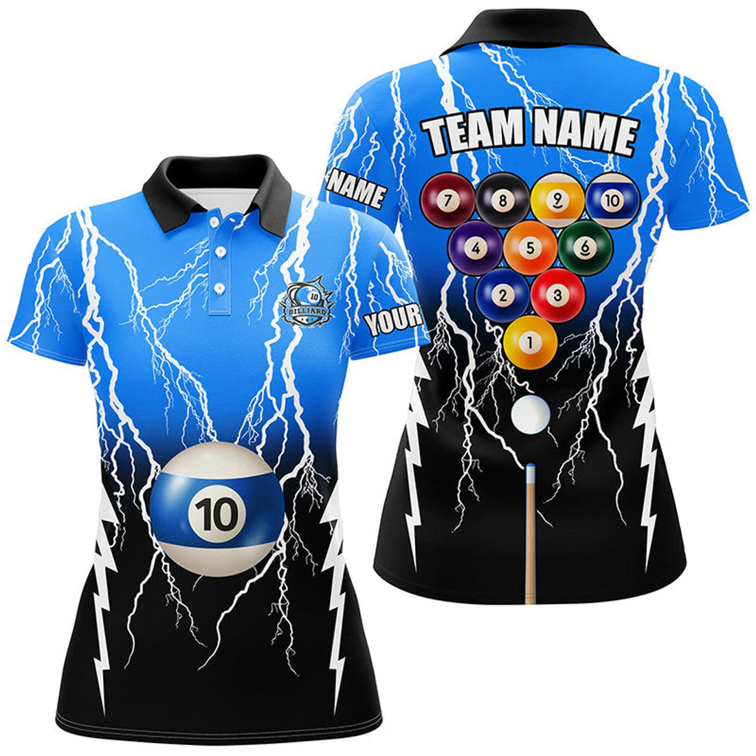 Custom 10 Ball Pool Custom Black Blue Lightning Thunder Women Polo Shirts, 10 Ball Billiard Apparel Clothing