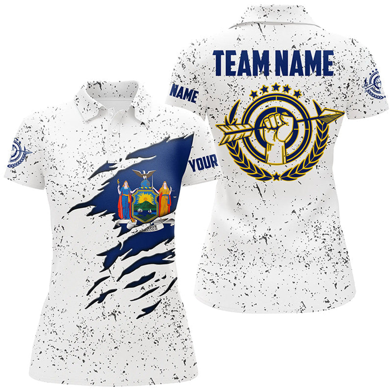 Custom Personalized Grunge New York Archery Women Polo Shirts, Patriotic New York Flag Shirts For Archers