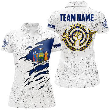 Custom Personalized Grunge New York Archery Women Polo Shirts, Patriotic New York Flag Shirts For Archers