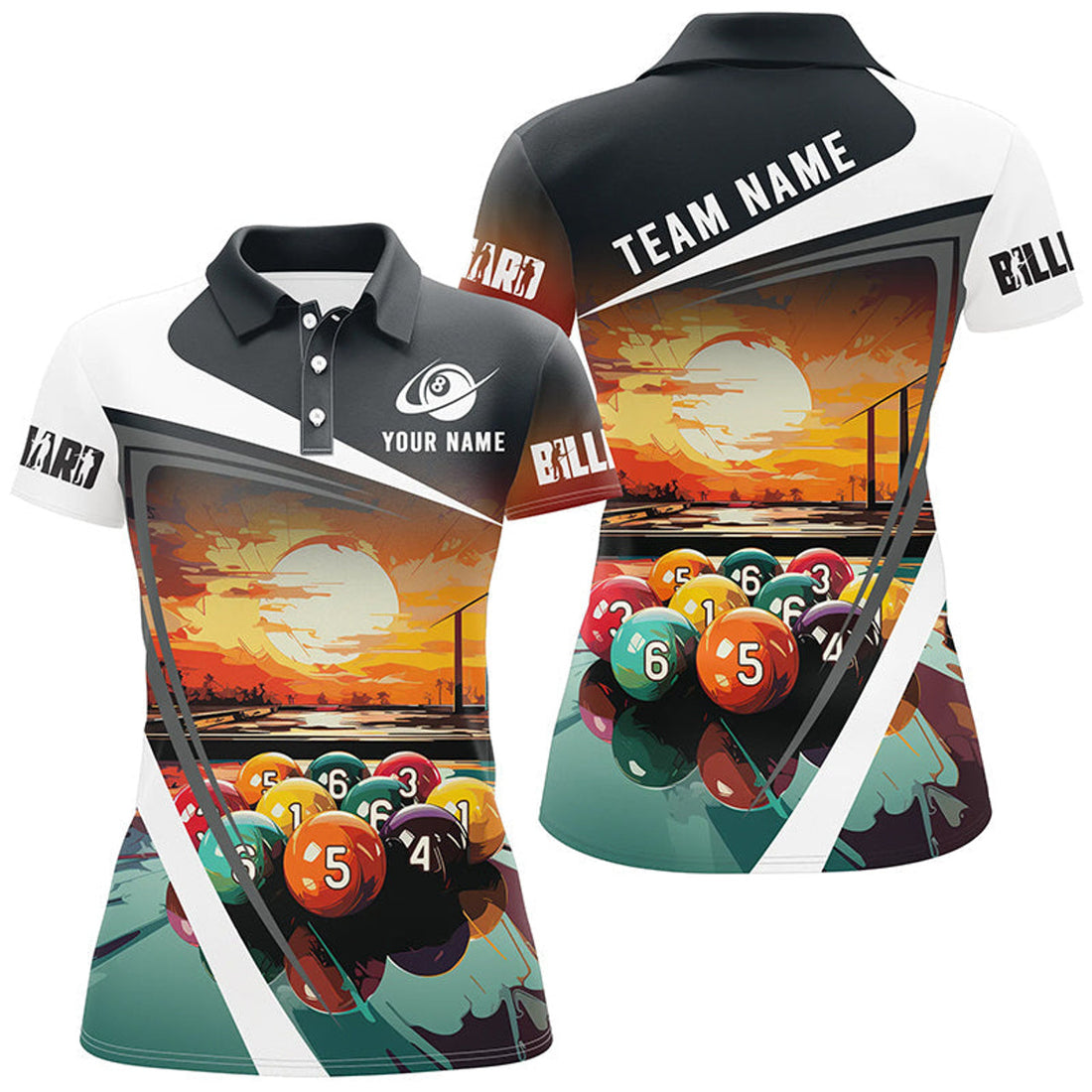 Custom Funny Colorful Billiard Balls Sunset Painting Personalized Women Polo Shirts, Unique Billiard Attire
